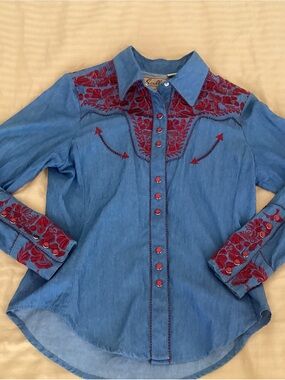 Scully Blue Denim Button-Up Shirt with Red Embroidery